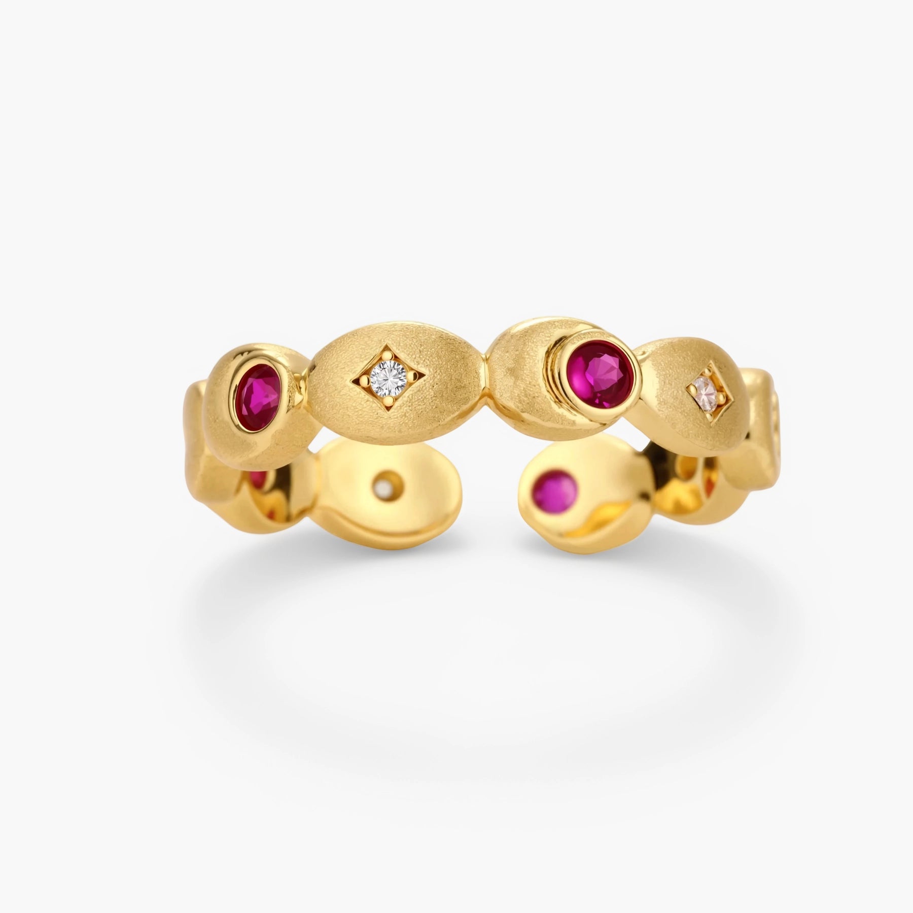 Gold-plated adjustable ring featuring alternating red and clear zircon stones set in geometric oval elements