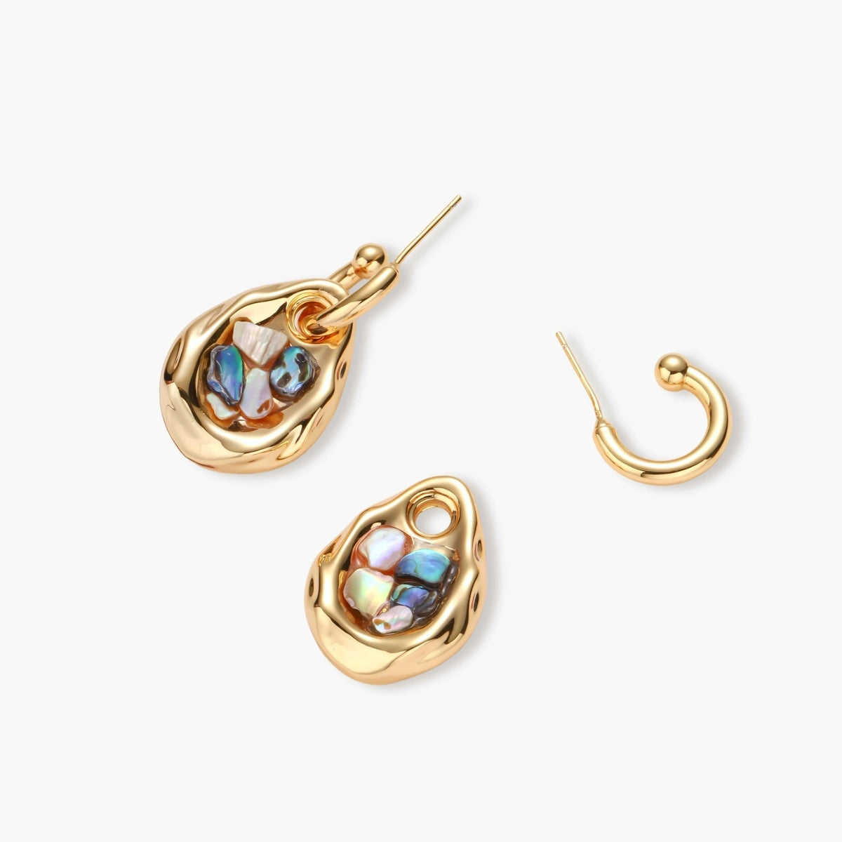 Gold-plated convertible hoop earrings with iridescent shell mosaic pendants, shown assembled and separated on cream background.