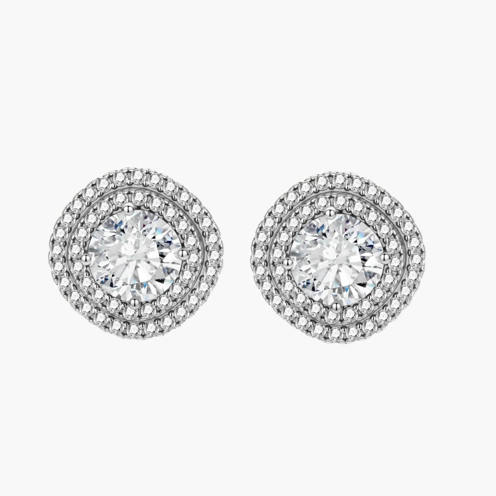 Double halo sterling silver stud earrings with brilliant round moissanite center stones and pavé crystal accents