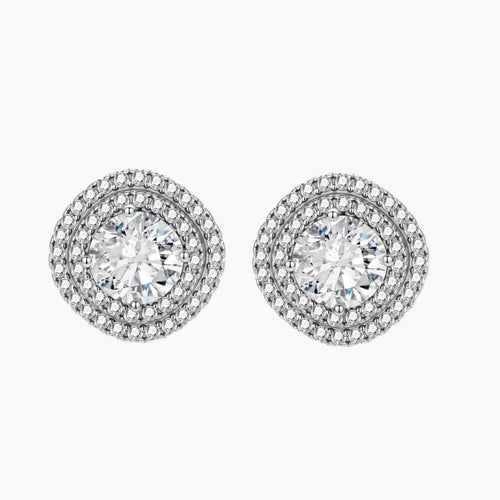 Double halo sterling silver stud earrings with brilliant round moissanite center stones and pavé crystal accents