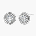 Double halo sterling silver stud earrings with brilliant round moissanite center stones and pavé crystal accents