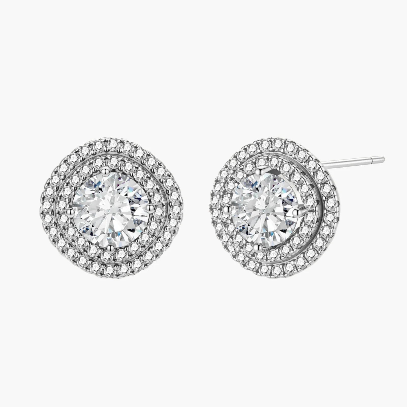Double halo sterling silver stud earrings with brilliant round moissanite center stones and pavé crystal accents