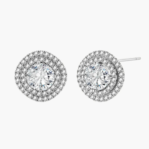 Double halo sterling silver stud earrings with brilliant round moissanite center stones and pavé crystal accents