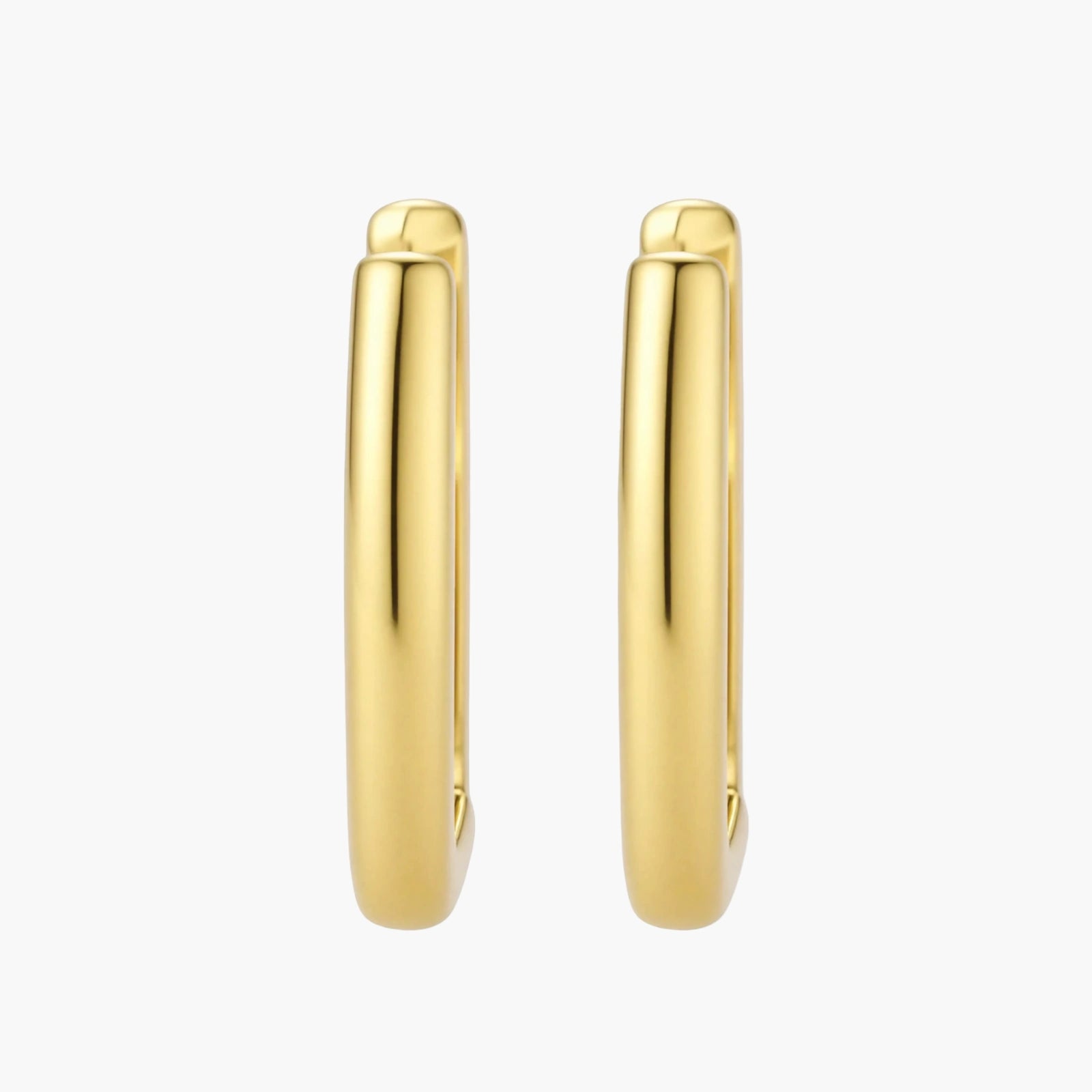 Polished gold-plated sterling silver hoop earrings with hinged closure mechanism on white background.