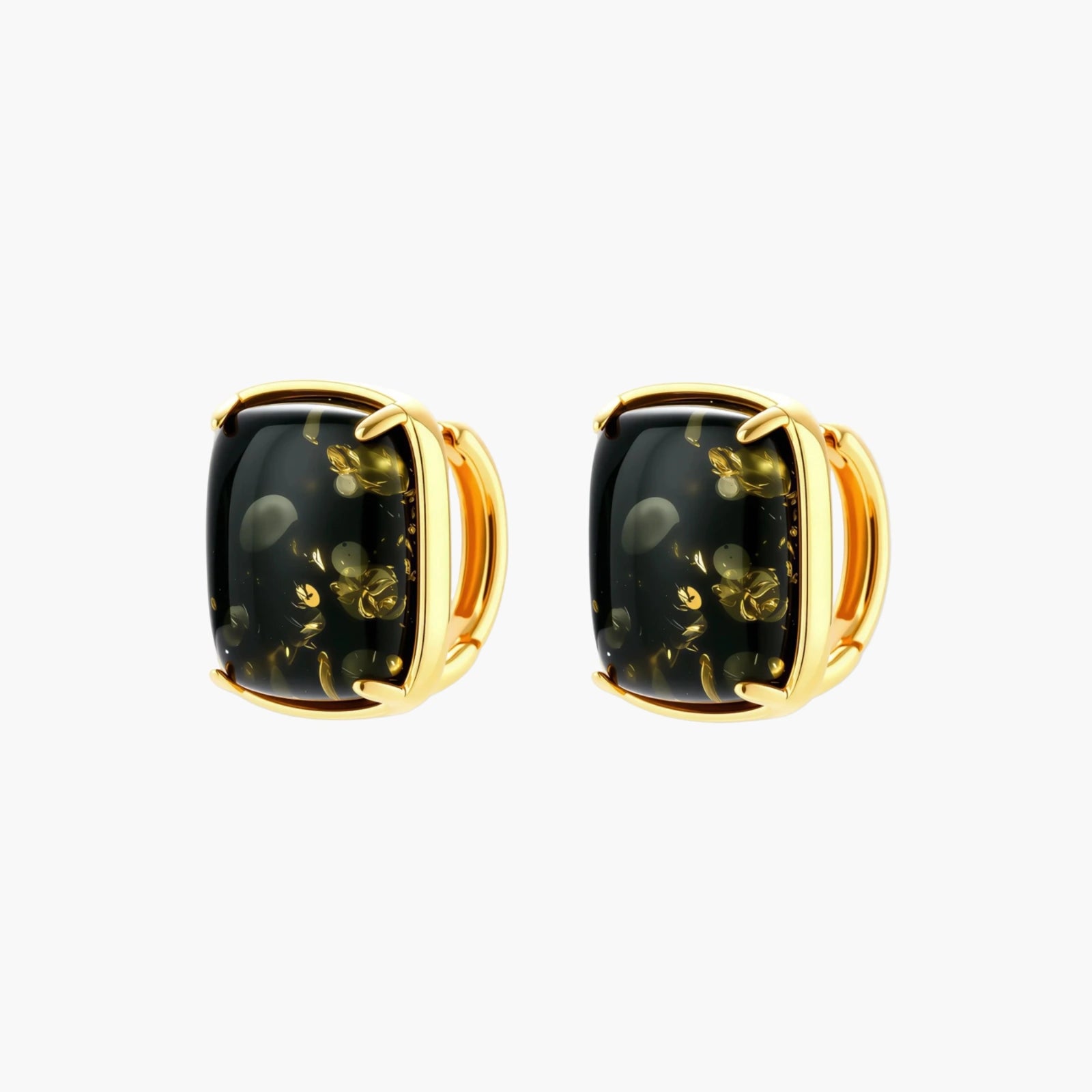 Elegant cushion-cut green amber earrings with golden inclusions in 18K gold-plated sterling silver settings.