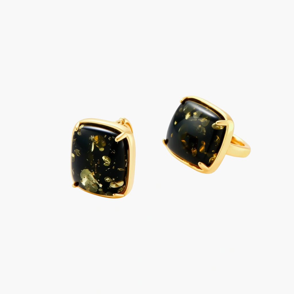 Elegant cushion-cut green amber earrings with golden inclusions in 18K gold-plated sterling silver settings.