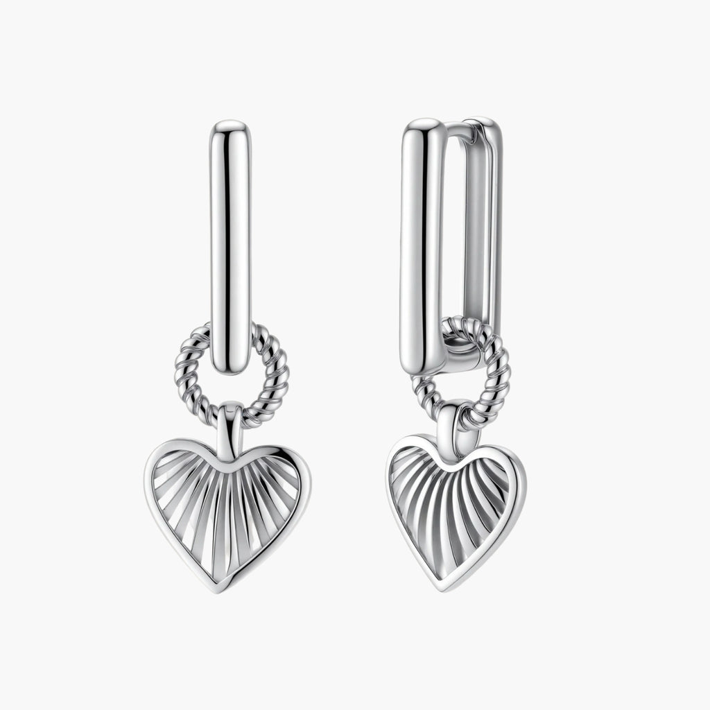 Platinum-plated 925 sterling silver rectangular hoop earrings with twisted ring connector and ribbed heart charm pendant.