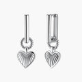 Platinum-plated 925 sterling silver rectangular hoop earrings with twisted ring connector and ribbed heart charm pendant.