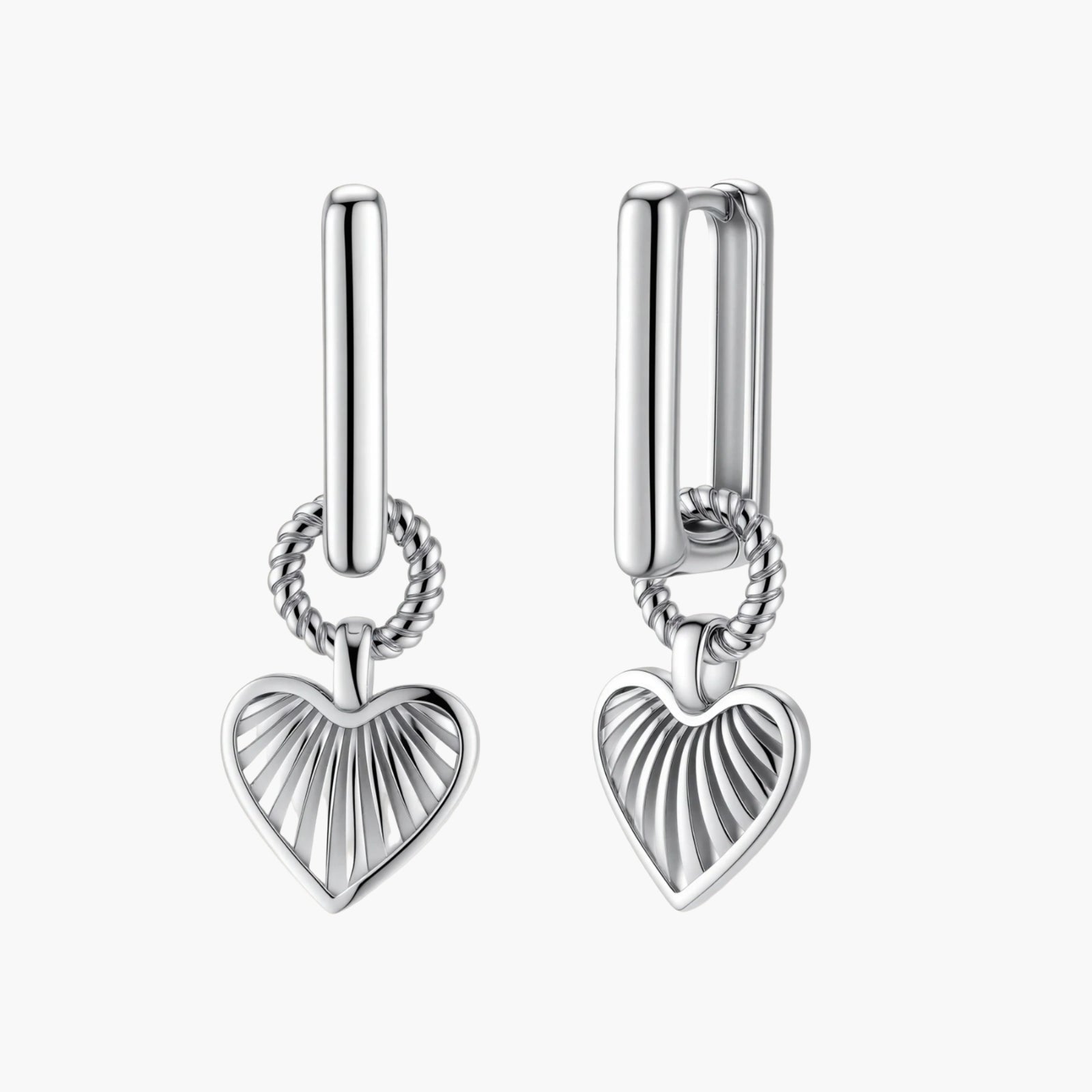 Platinum-plated 925 sterling silver rectangular hoop earrings with twisted ring connector and ribbed heart charm pendant.