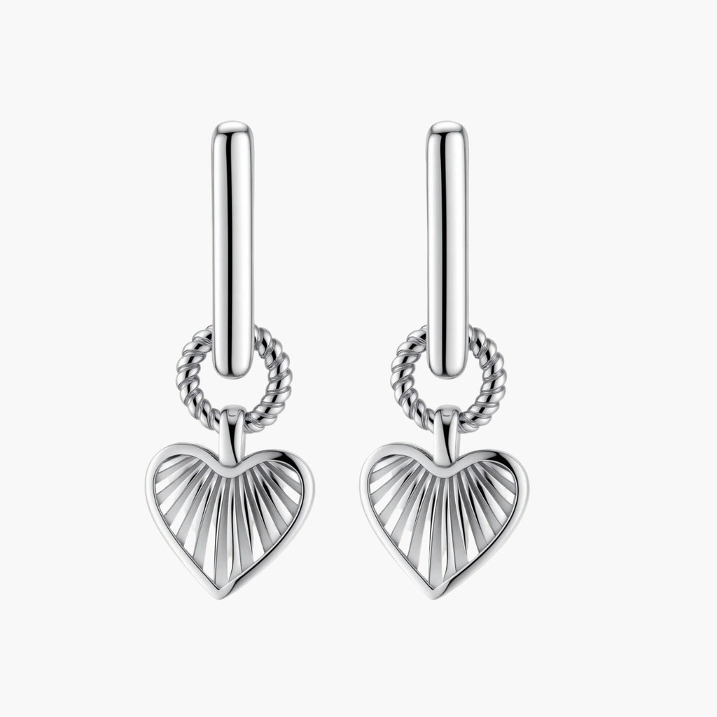 Platinum-plated 925 sterling silver rectangular hoop earrings with twisted ring connector and ribbed heart charm pendant.