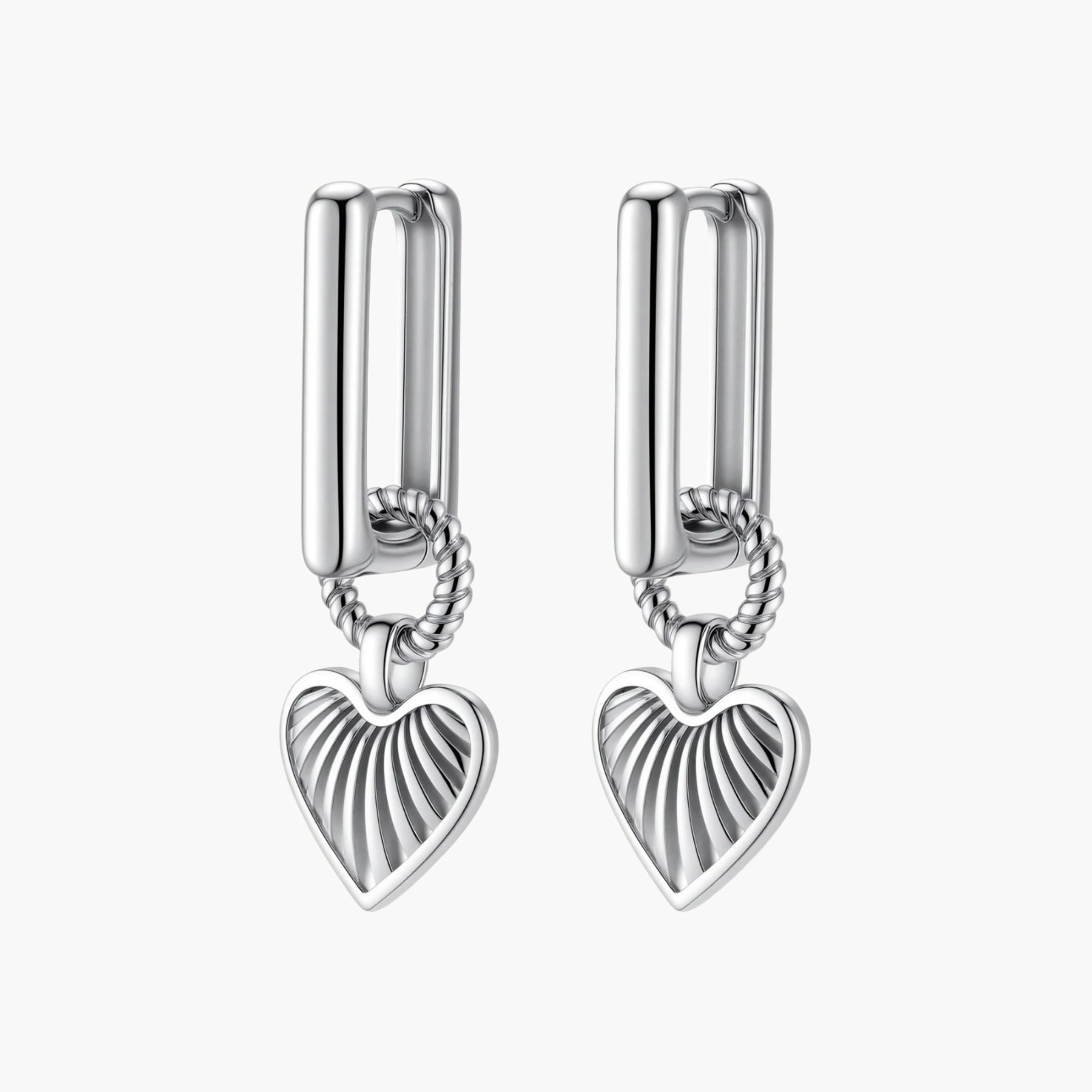 Platinum-plated 925 sterling silver rectangular hoop earrings with twisted ring connector and ribbed heart charm pendant.