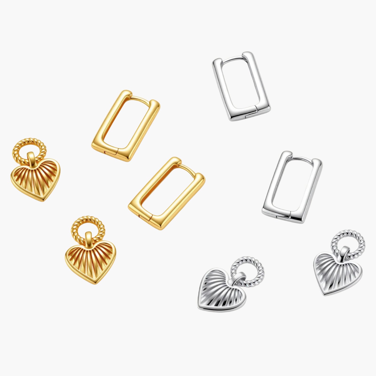 Platinum-plated 925 sterling silver rectangular hoop earrings with twisted ring connector and ribbed heart charm pendant.