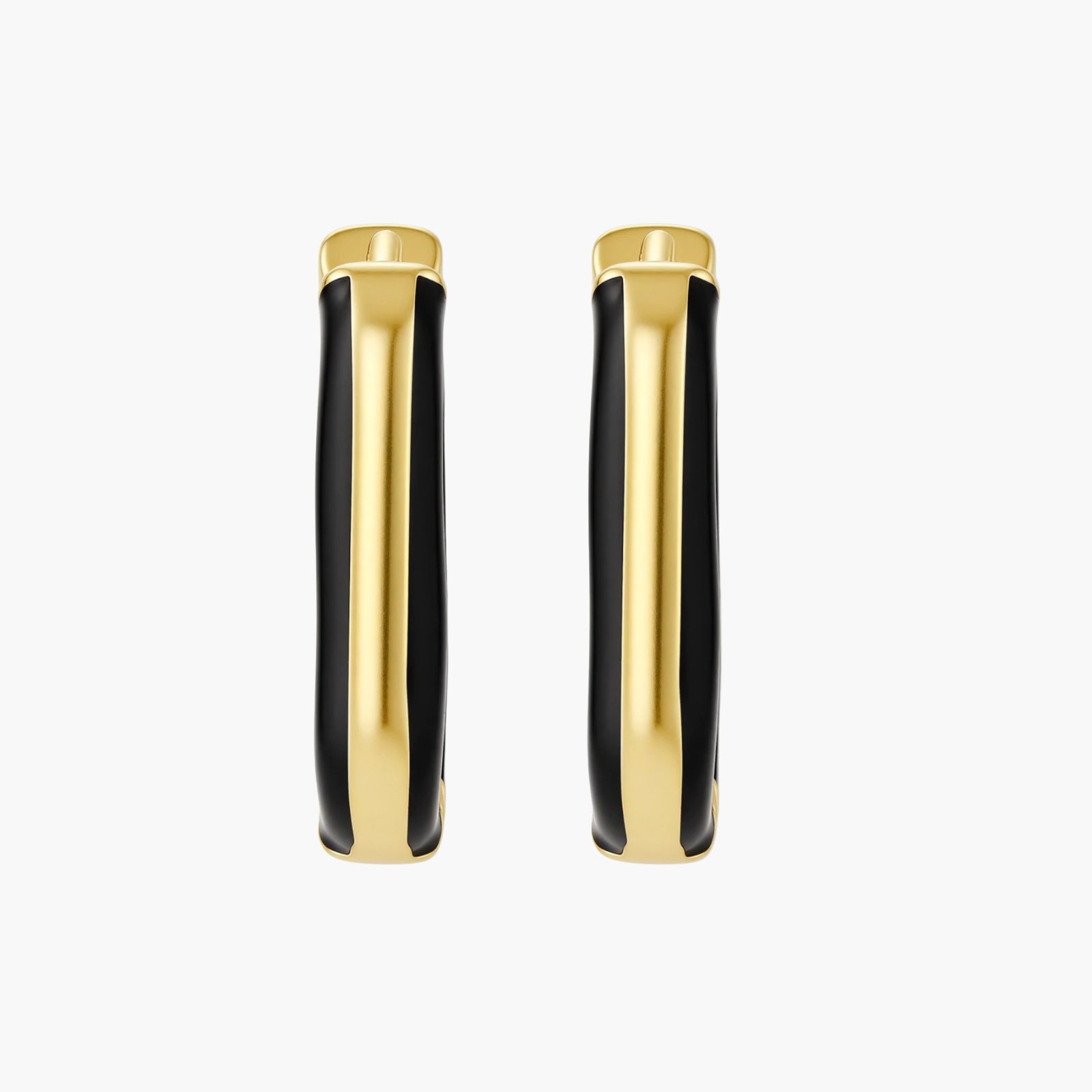 Modern hoop earrings with gold-plated and black sections, featuring hinged closure on white background.