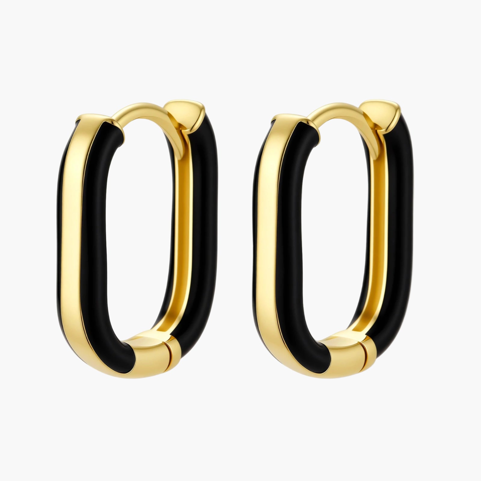 Modern hoop earrings with gold-plated and black sections, featuring hinged closure on white background.