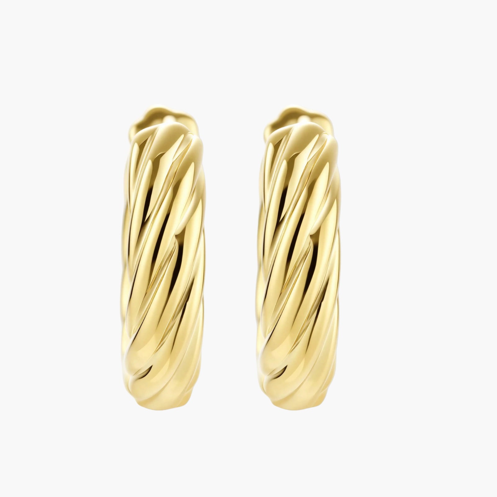 14K gold-plated twisted rope huggie hoop earrings with hinged closure on white background, showing textured surface detail