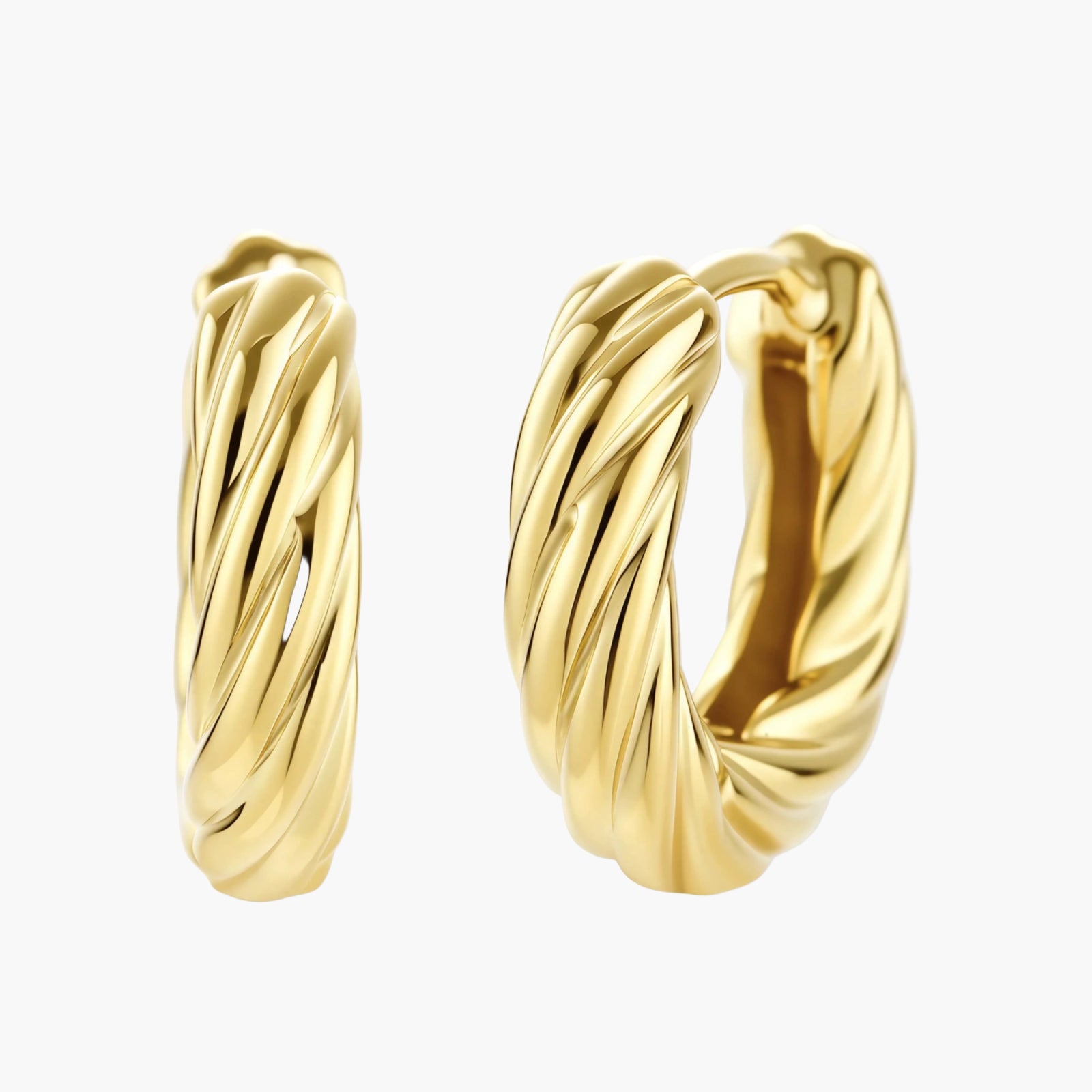 14K gold-plated twisted rope huggie hoop earrings with hinged closure on white background, showing textured surface detail