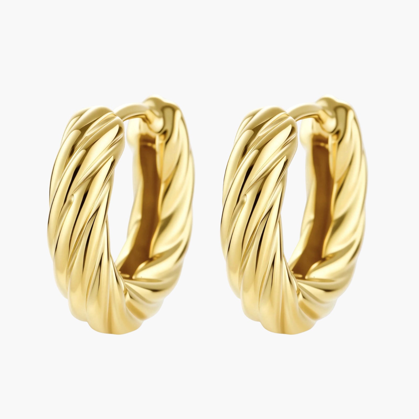 14K gold-plated twisted rope huggie hoop earrings with hinged closure on white background, showing textured surface detail