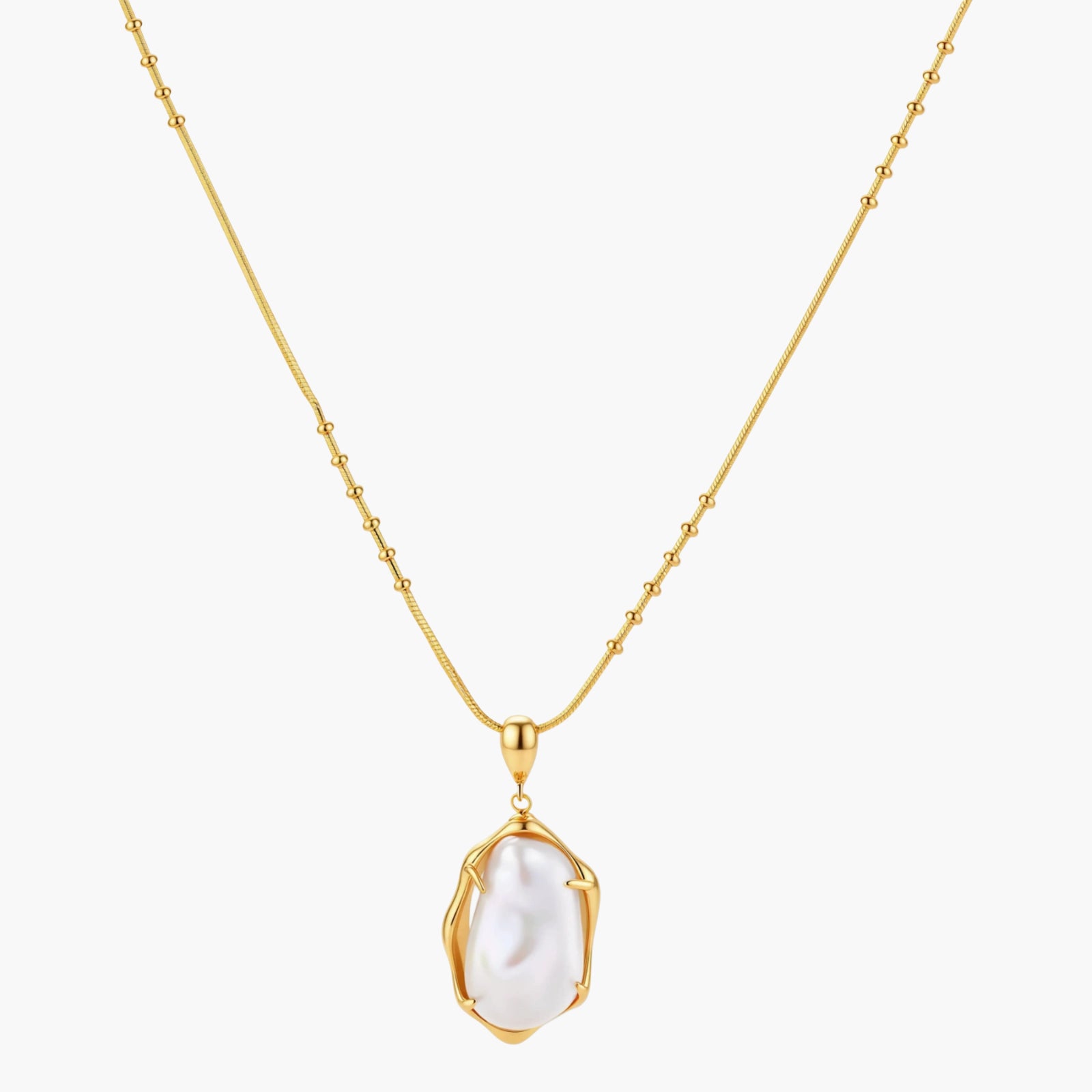 18K gold-plated sterling silver necklace with alternating bead chain and baroque pearl pendant on neutral background.