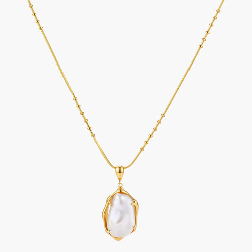 18K gold-plated sterling silver necklace with alternating bead chain and baroque pearl pendant on neutral background.