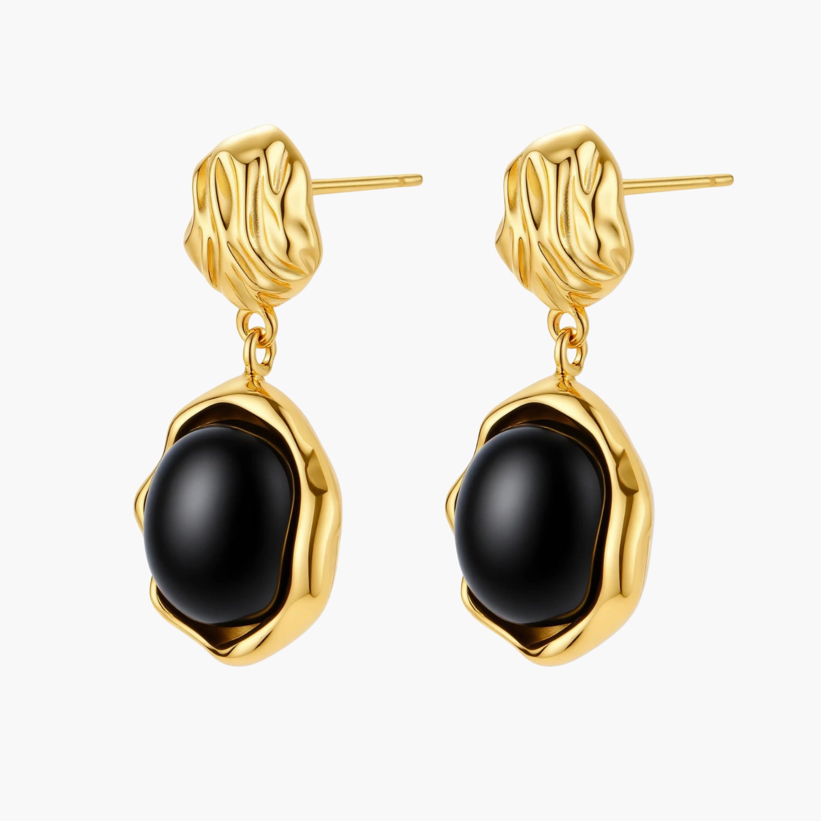 Gold-plated rippled stud earrings with black agate stone drops on white background