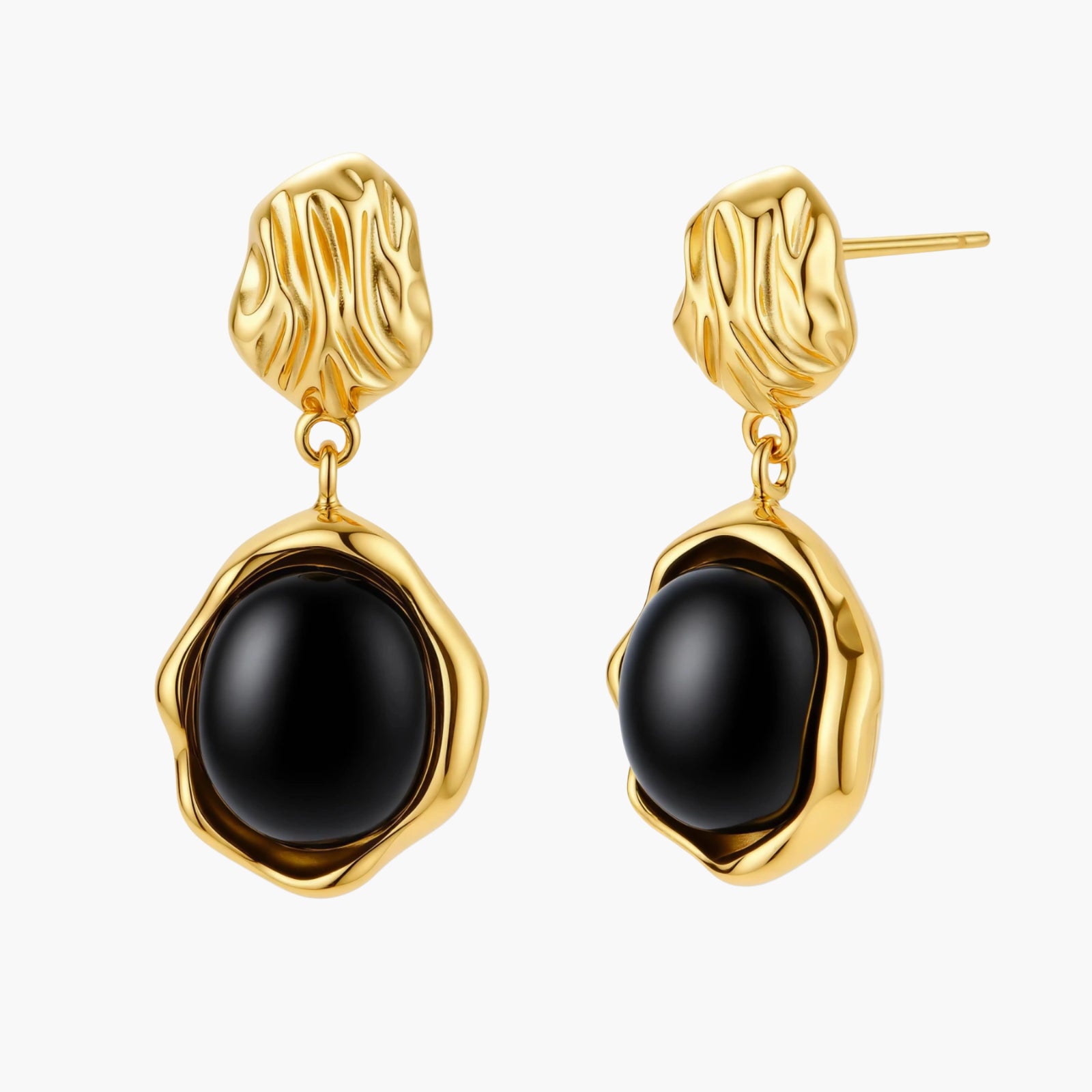 Gold-plated rippled stud earrings with black agate stone drops on white background