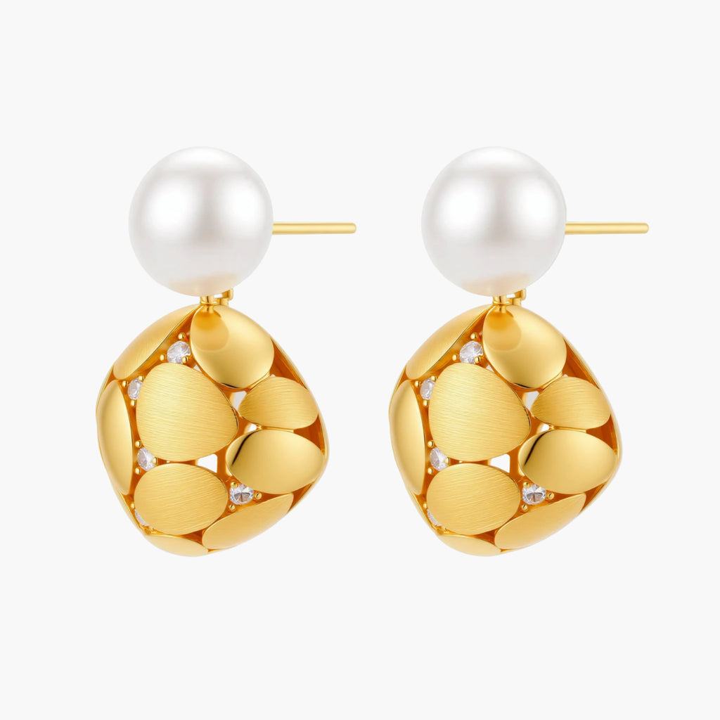 Gold-plated sterling silver drop earrings with white freshwater pearl studs and overlapping petal design with crystal accents