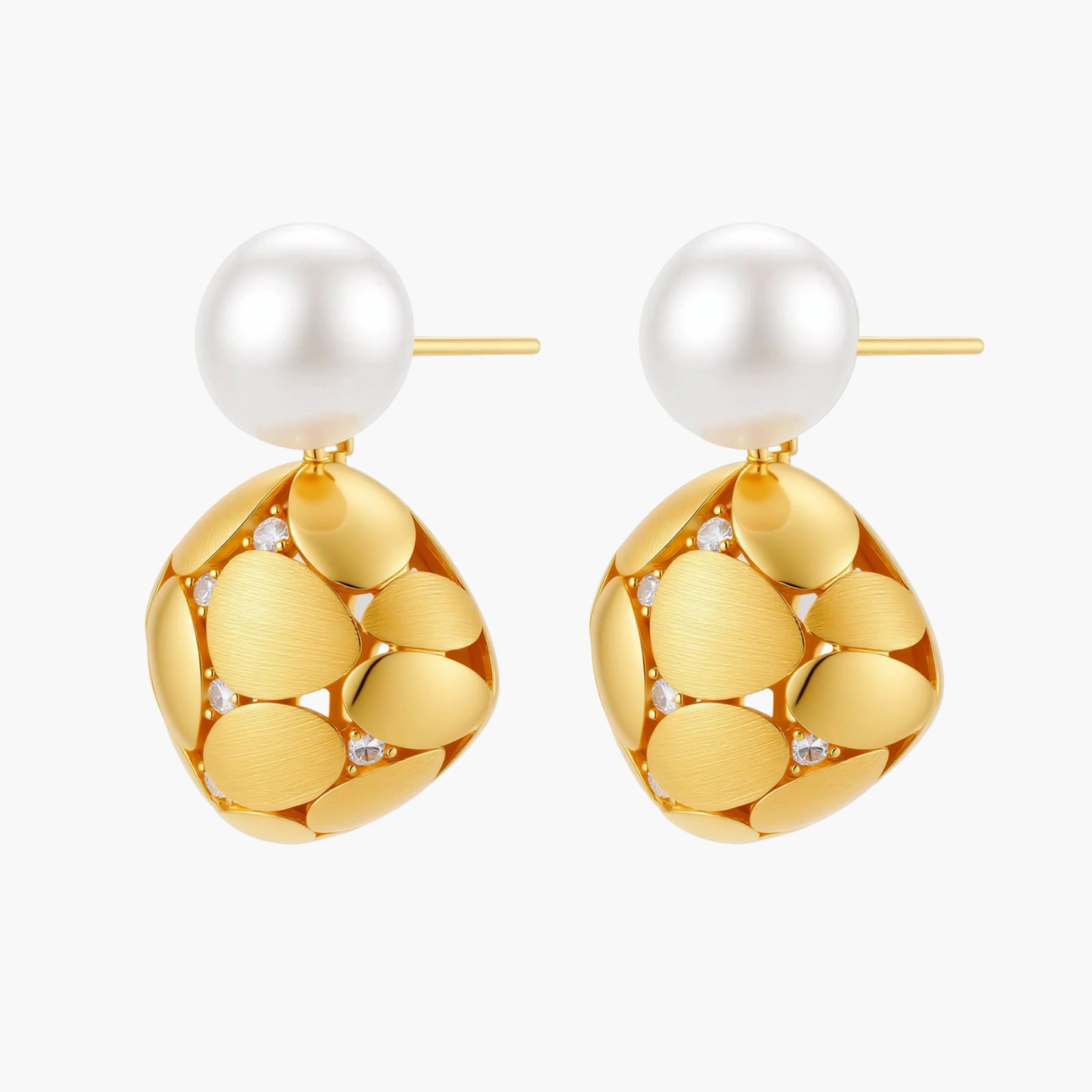 Gold-plated sterling silver drop earrings with white freshwater pearl studs and overlapping petal design with crystal accents