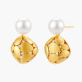 Gold-plated sterling silver drop earrings with white freshwater pearl studs and overlapping petal design with crystal accents