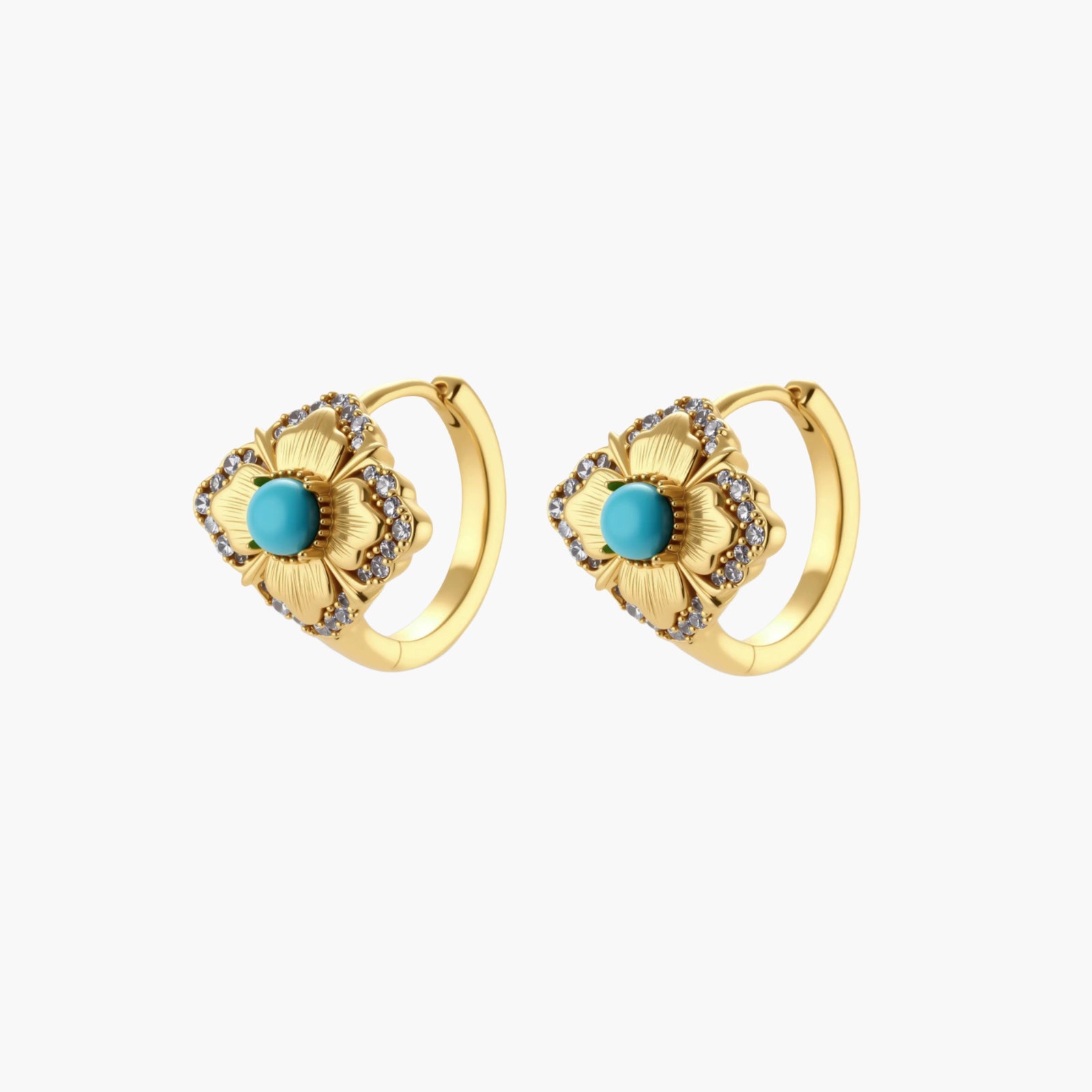 Close-up of 18K gold plated hoop earrings with turquoise center stones and zircon crystals in quatrefoil flower design