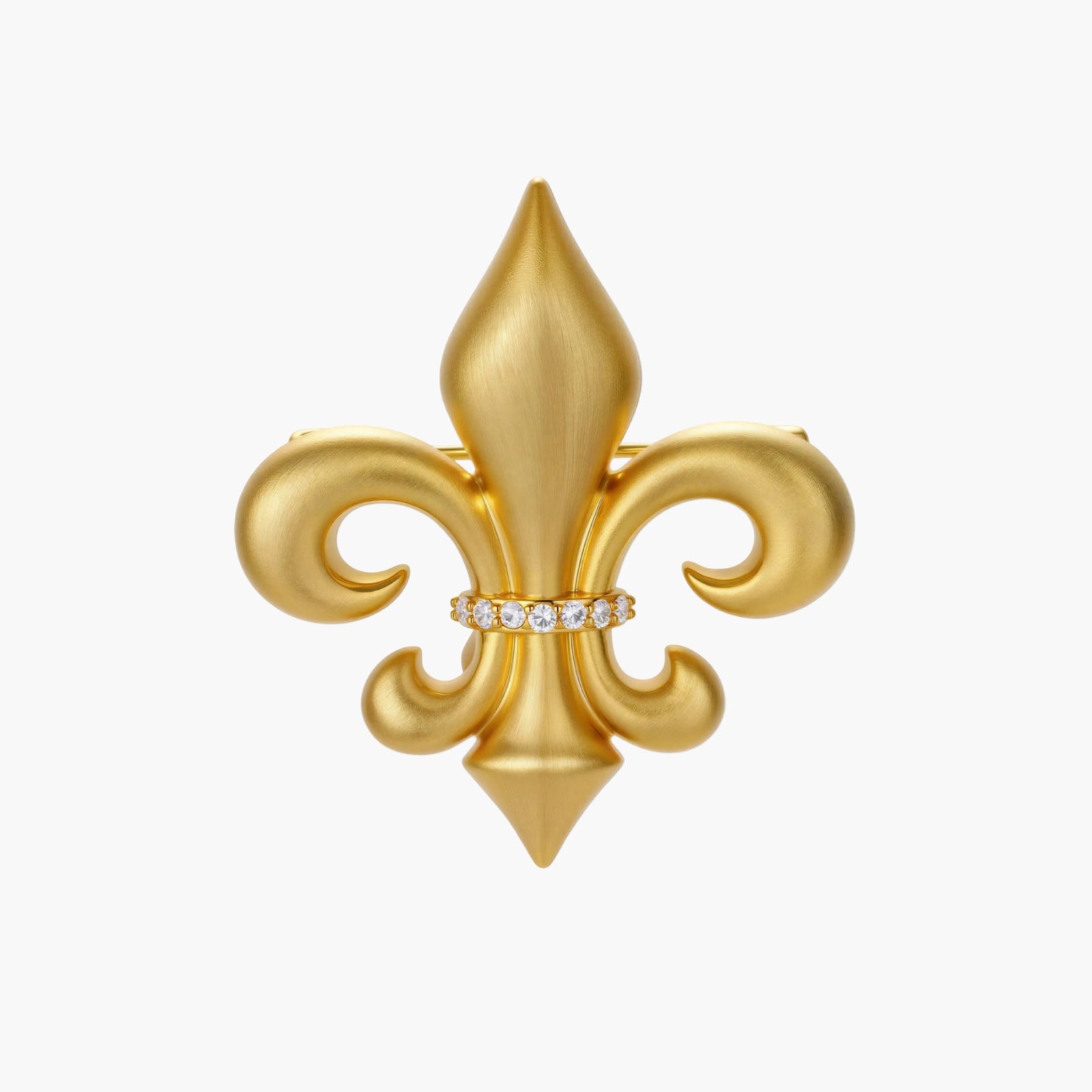 Ornate gold-plated fleur-de-lis brooch with crystal band detail on white background, showing brushed metal finish.