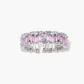 Adjustable eternity ring with alternating pink baguette and clear round cubic zirconia stones in palladium-plated setting
