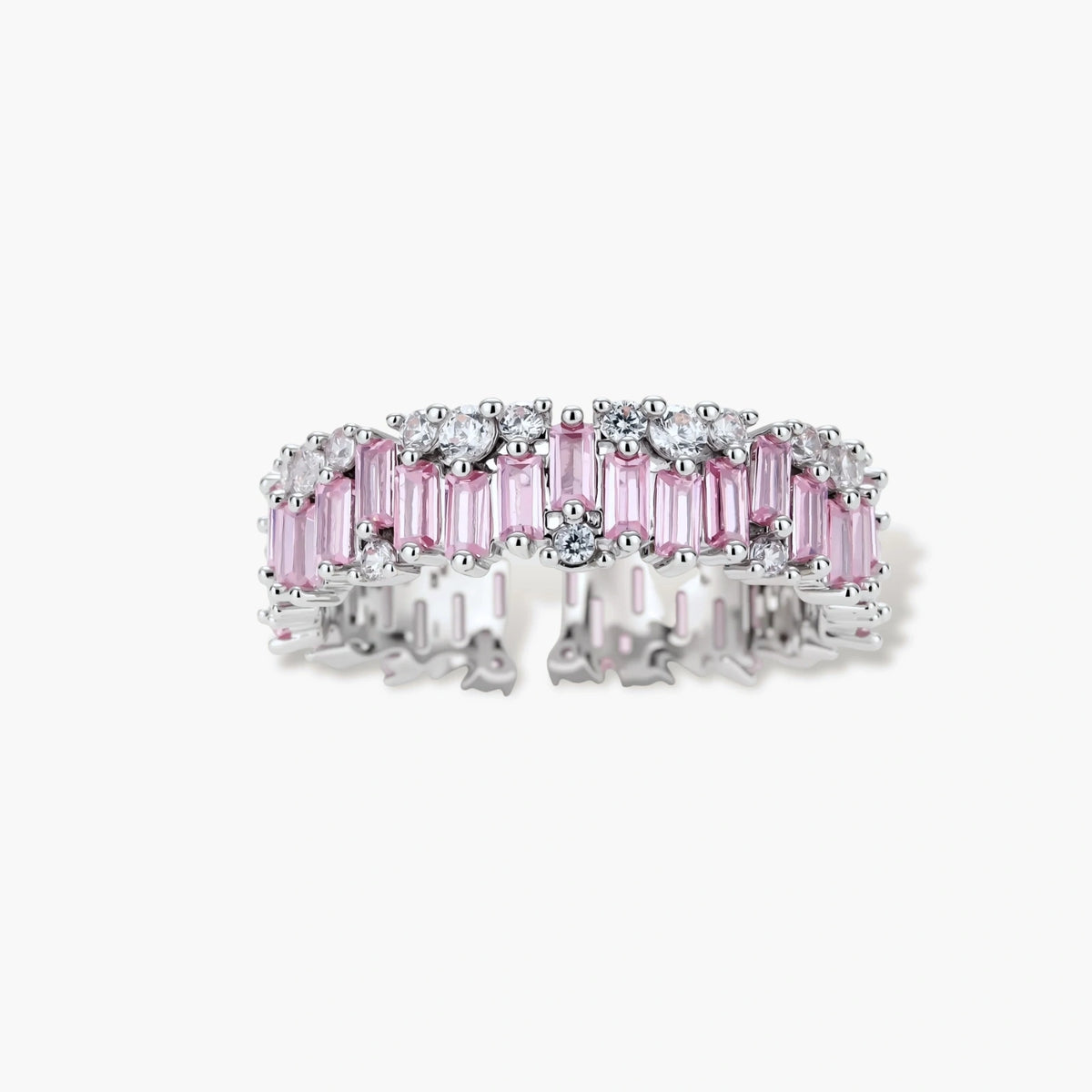 Adjustable eternity ring with alternating pink baguette and clear round cubic zirconia stones in palladium-plated setting