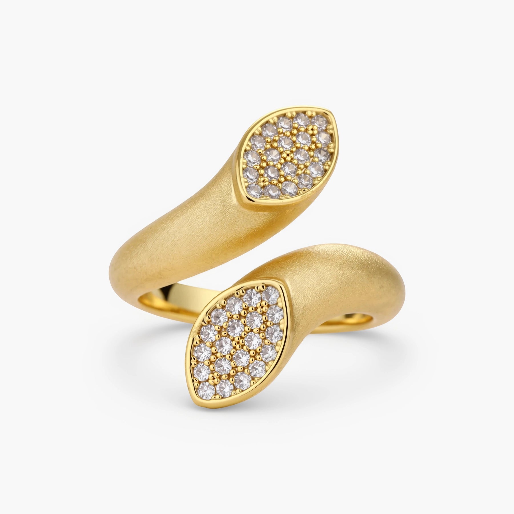 Open-band gold-plated ring with two oval pavé zirconia sections positioned at opposite ends, adjustable design
