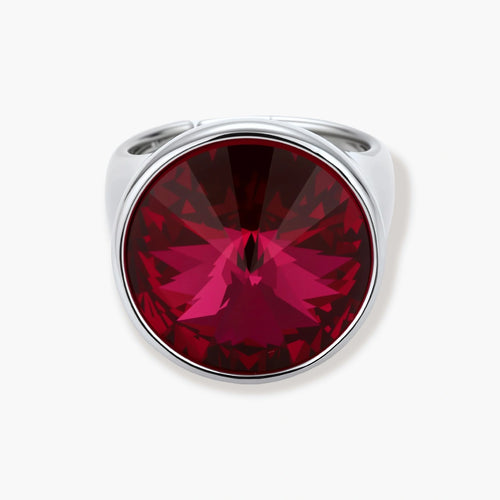 Large burgundy zirconia stone in sleek palladium-plated bezel setting on white background, showing brilliant faceted cut.