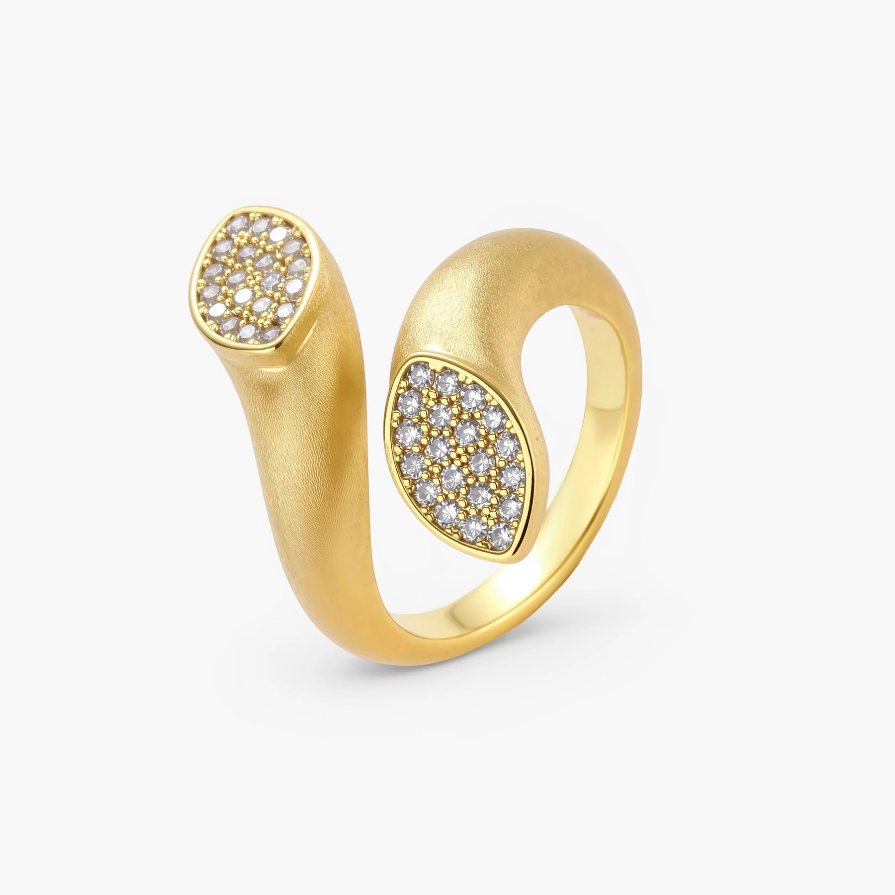 Open-band gold-plated ring with two oval pavé zirconia sections positioned at opposite ends, adjustable design