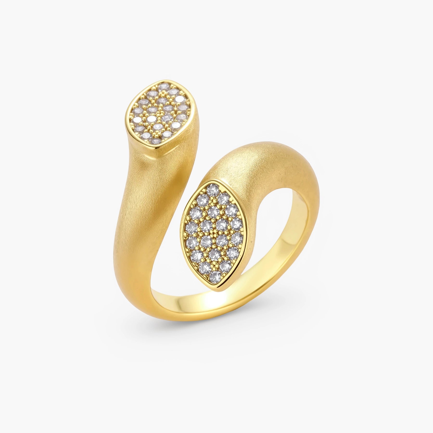 Open-band gold-plated ring with two oval pavé zirconia sections positioned at opposite ends, adjustable design