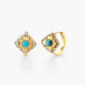Close-up of 18K gold plated hoop earrings with turquoise center stones and zircon crystals in quatrefoil flower design