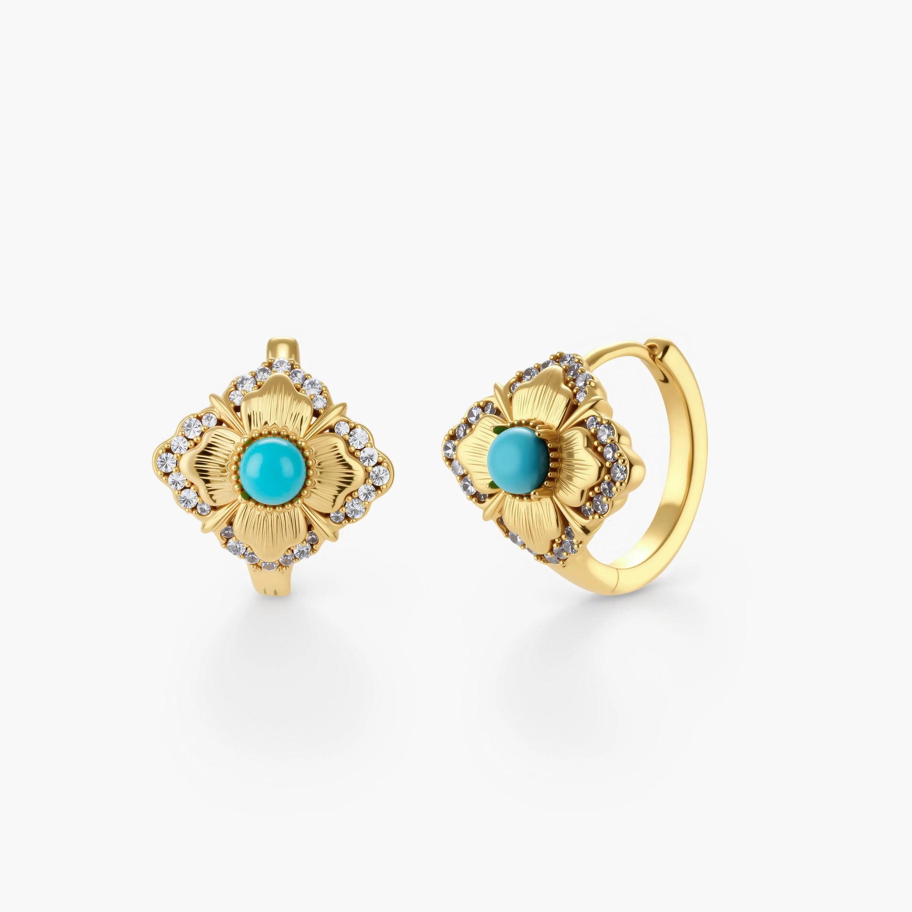 Close-up of 18K gold plated hoop earrings with turquoise center stones and zircon crystals in quatrefoil flower design
