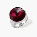 Large burgundy zirconia stone in sleek palladium-plated bezel setting on white background, showing brilliant faceted cut.