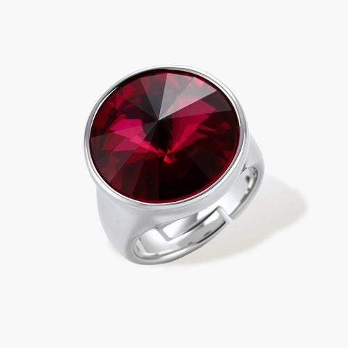 Large burgundy zirconia stone in sleek palladium-plated bezel setting on white background, showing brilliant faceted cut.