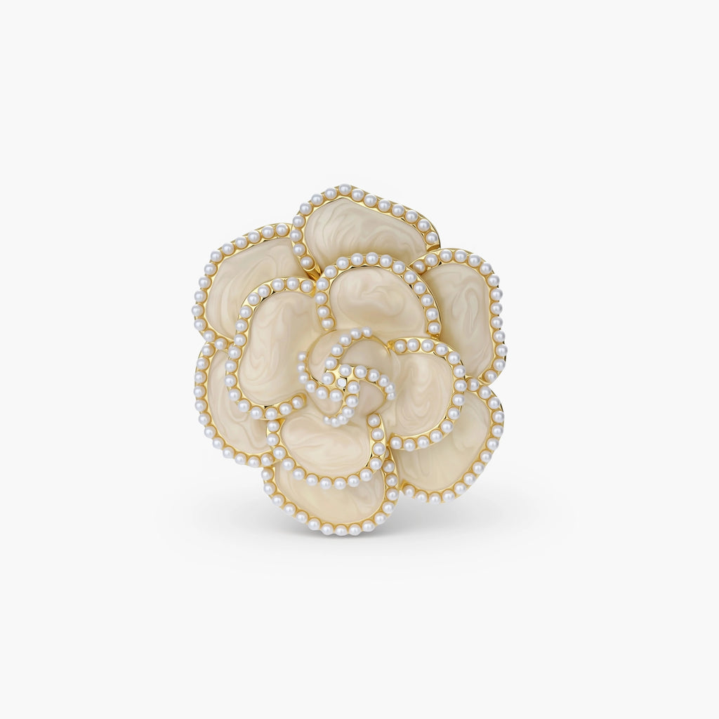 Elegant cream-colored rose brooch with gold plating, zirconia stones, and pearl-like border details on neutral background.