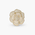 Elegant cream-colored rose brooch with gold plating, zirconia stones, and pearl-like border details on neutral background.