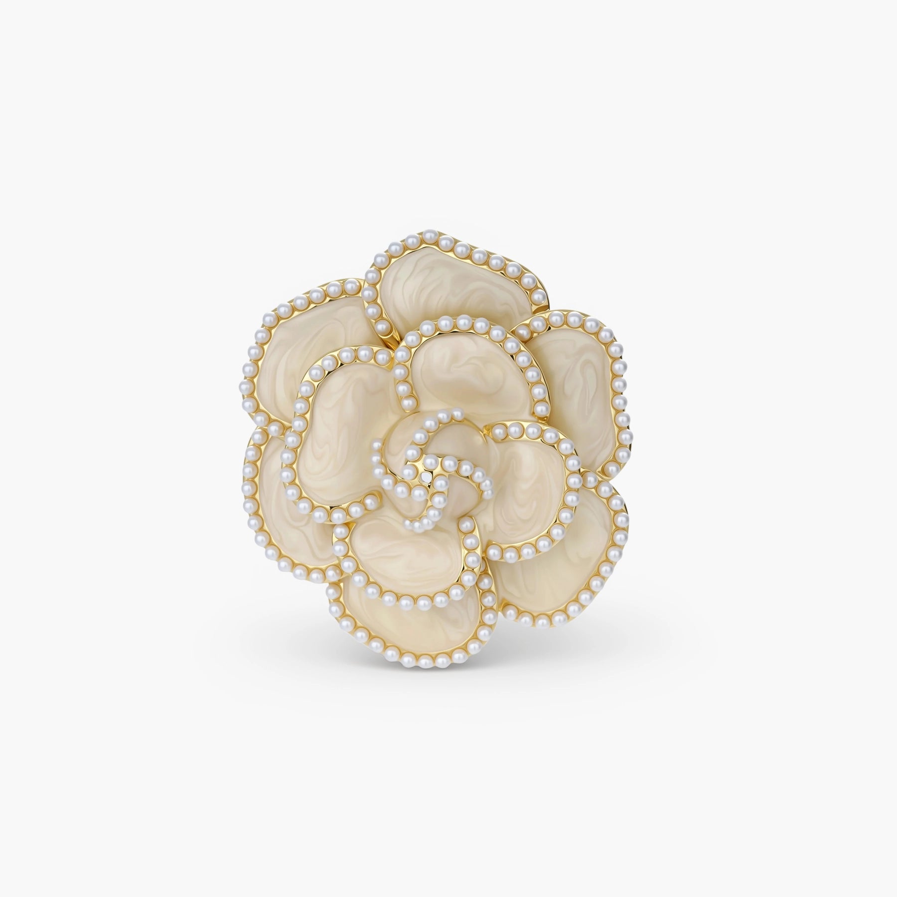 Elegant cream-colored rose brooch with gold plating, zirconia stones, and pearl-like border details on neutral background.