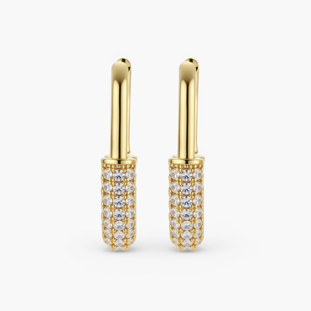 Gold-plated huggie hoop earrings with pavé zirconia stones covering the bottom curve, shown in open and closed positions.