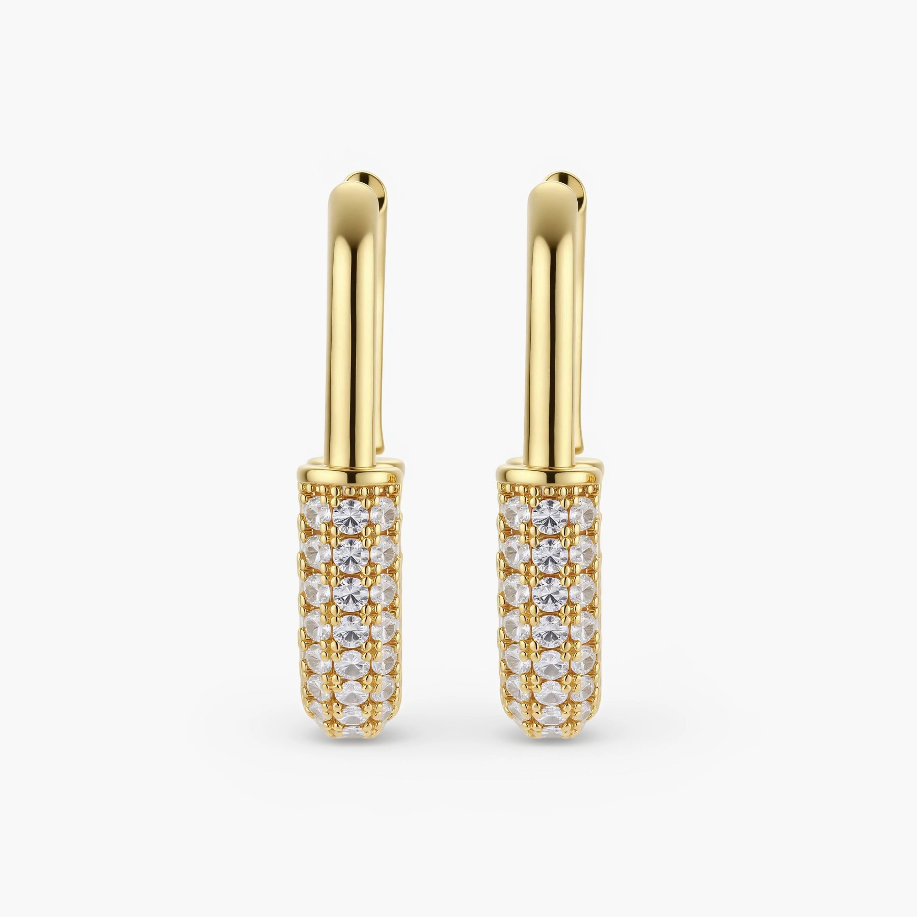 Gold-plated huggie hoop earrings with pavé zirconia stones covering the bottom curve, shown in open and closed positions.