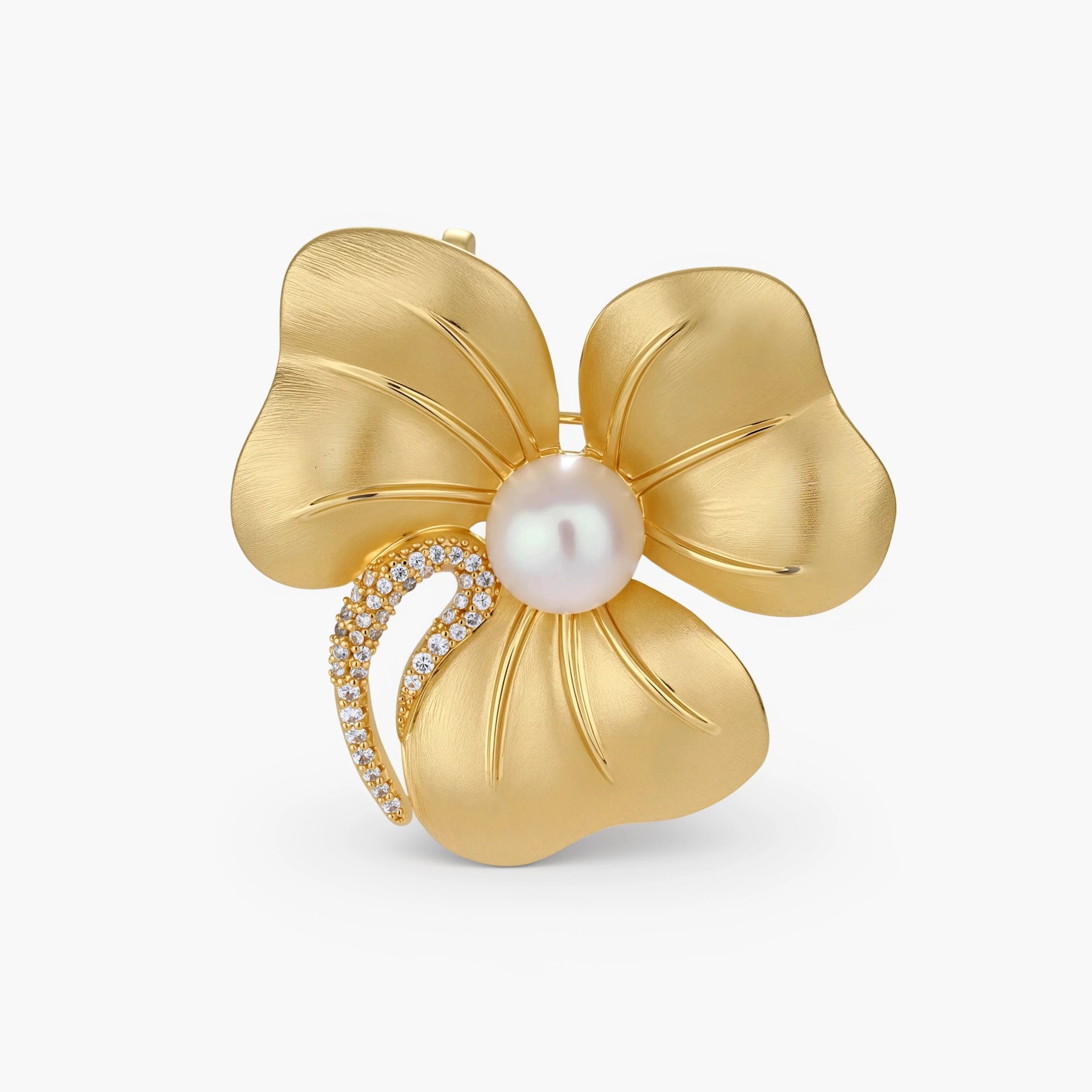18K gold-plated copper flower brooch with five petals, white pearl center, and crystal stem accent on white background.