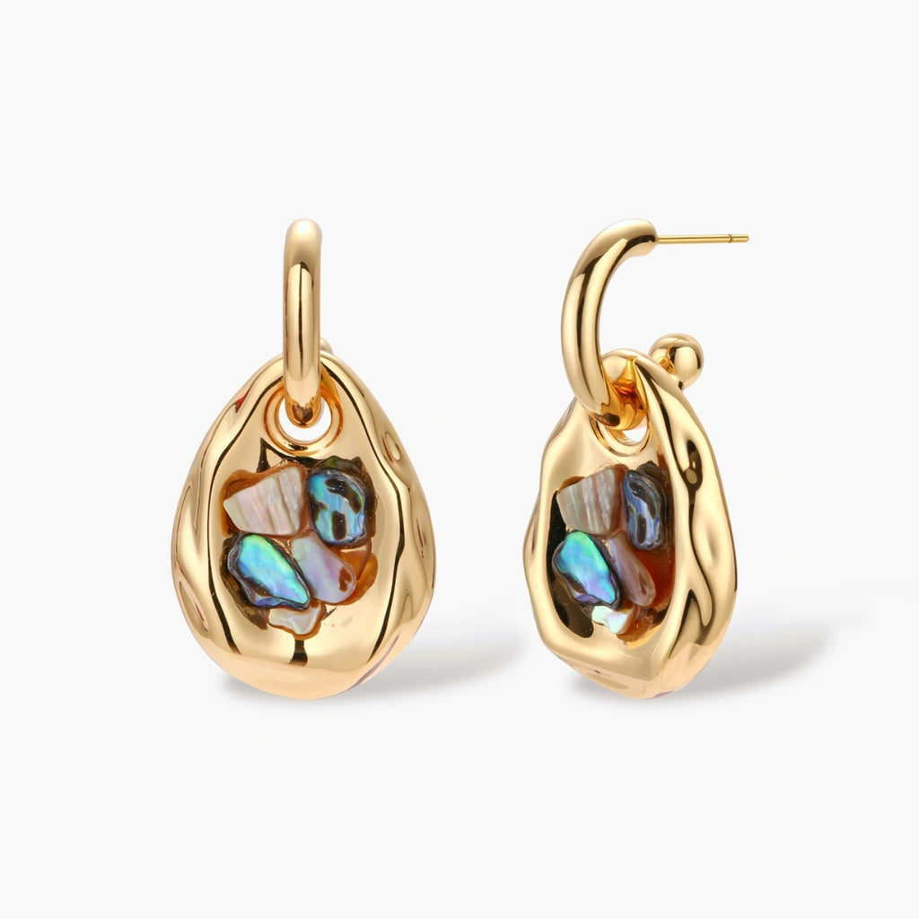 Gold-plated convertible hoop earrings with iridescent shell mosaic pendants, shown assembled and separated on cream background.