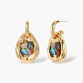 Gold-plated convertible hoop earrings with iridescent shell mosaic pendants, shown assembled and separated on cream background.