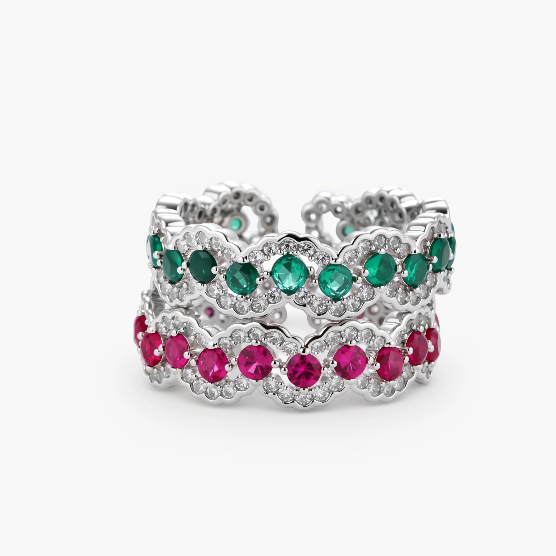 Platinum-plated copper ring with green zirconia stones in decorative scalloped wave pattern, adjustable band design.