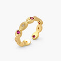 Gold-plated adjustable ring featuring alternating red and clear zircon stones set in geometric oval elements